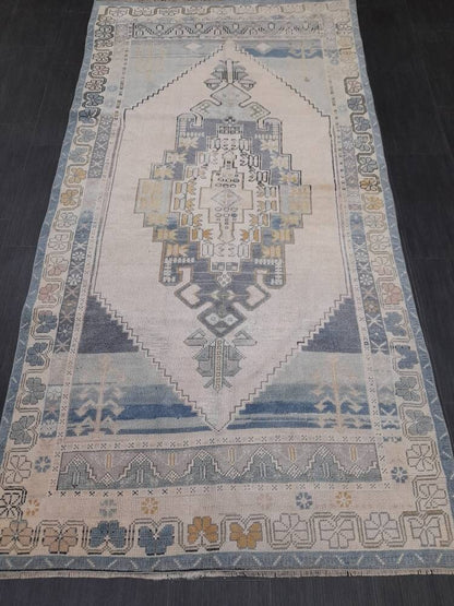 Vintage RUG 4.2 x 5 Turkish Oushak Rug Antique Rug Vintage Blue Wool Muted Oriental Rug Hand Made Rug Hand Knotted Turkish Rug Oriental Fun