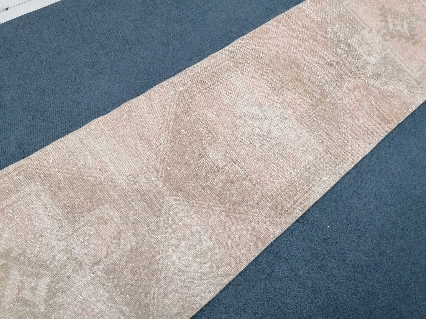 Fade oushak runner rug, 11'8x2'8 muted vintage runner rug, turkish runner rug, hallway runner rug, kitchen runner rug, pastel hand made rug