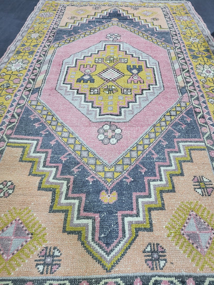 Vintage Rug,  TURKISH 4.2 x 7.4 HANDMADE Rug, Vintage Turkish Rug, Oushak Rug, Turkish Oushak Rug, Vintage Handknotted Rug, Wool Rug