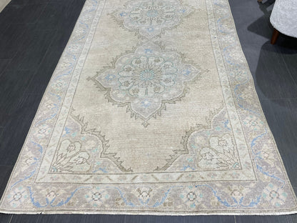 Muted Vintage Runner Rug Turkish Oushak 4.2 x 10.7 Runner Rug Handmade Runner Rug Hallway Runner Rug Kitchen Runner Rug Wool Runner Rug