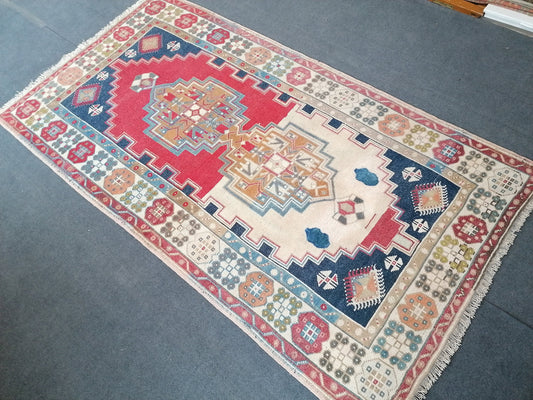 Blue vintage turkısh rug, anatolian wool rug, area oushak rug 4'3x7'10 feet