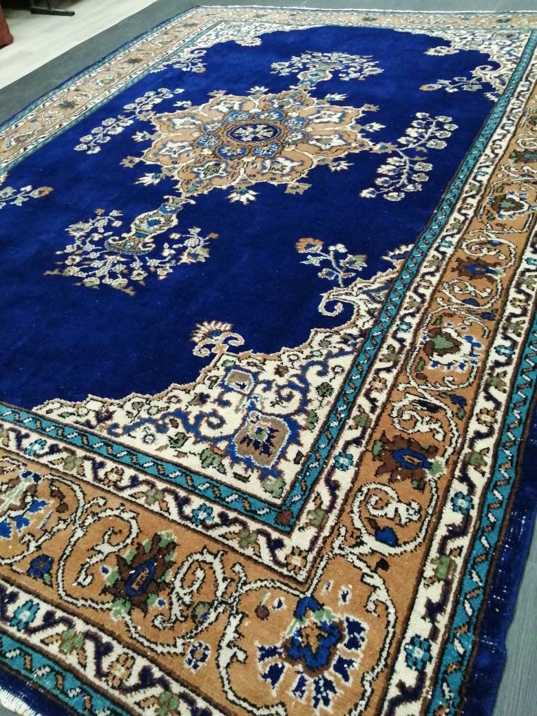 Navy High Wool Pile Vintage RUG 7 x 9.8 TURKISH Rug Vintage High Pile Oushak  Rug Vintage Rug Wool Oushak Rug Blue Rugs Persian Rug 7x10 rug