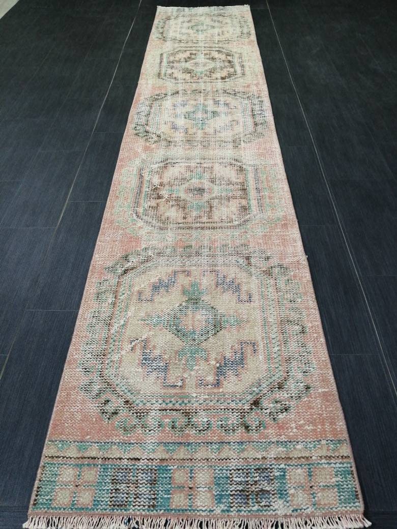 Muted Oushak Runner Rug 2.2 x 11  Vintage Runner Rug Distressed Hallway Runner Rug Turkish Kitchen Runner Rug Antique Wool Runner Rug