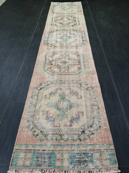 Muted Oushak Runner Rug 2.2 x 11  Vintage Runner Rug Distressed Hallway Runner Rug Turkish Kitchen Runner Rug Antique Wool Runner Rug
