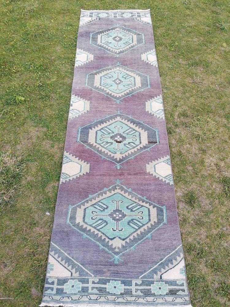 Vintage  purple runner 2'7x9'5 oushak wool runner hallway handmade runner, turkish runner rug, entery runner, kitchen runner