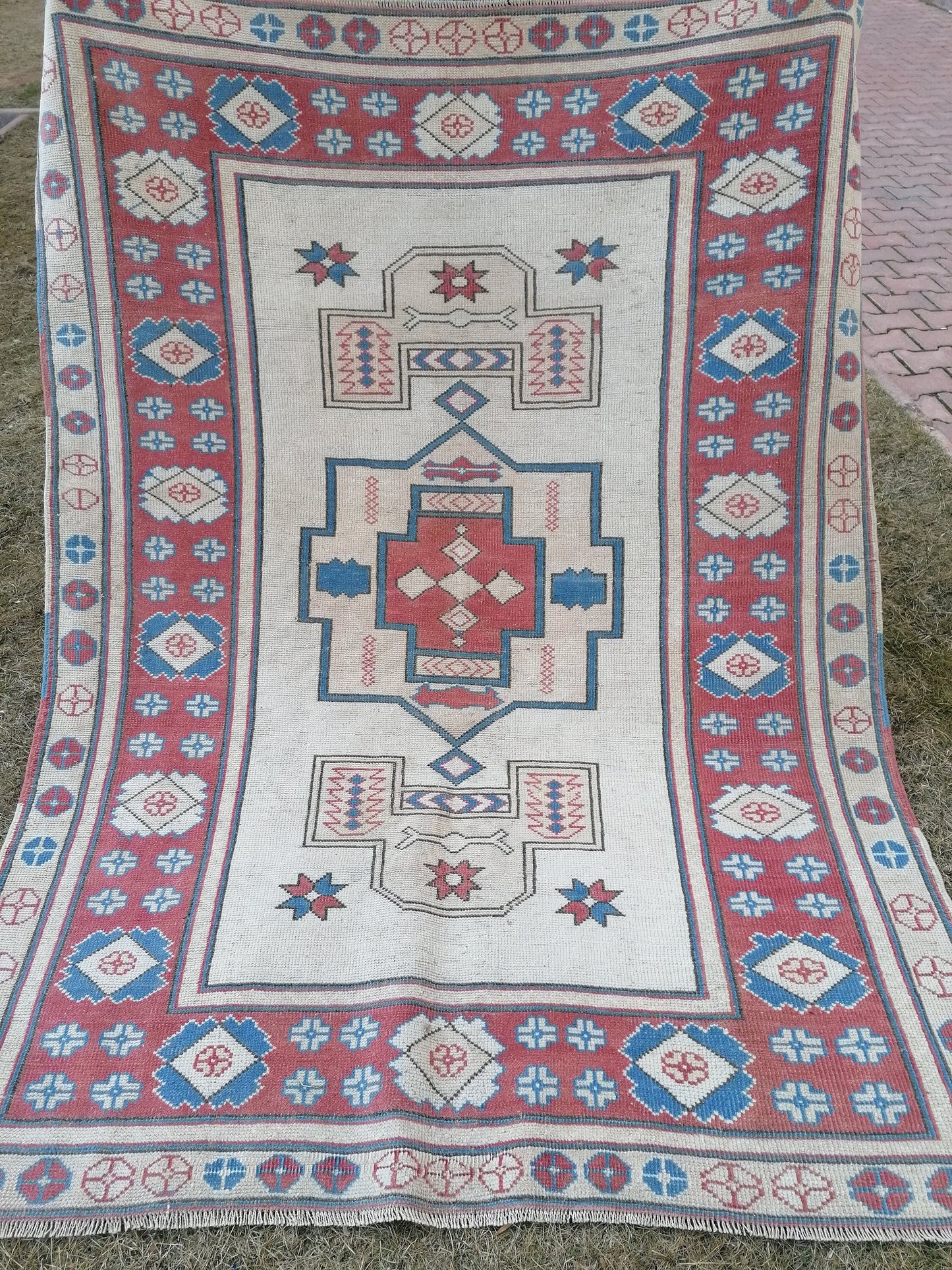 5.2 x 6.9 Turkısh hand knotted rug blue vıntage rug, handmade rug, wool rug