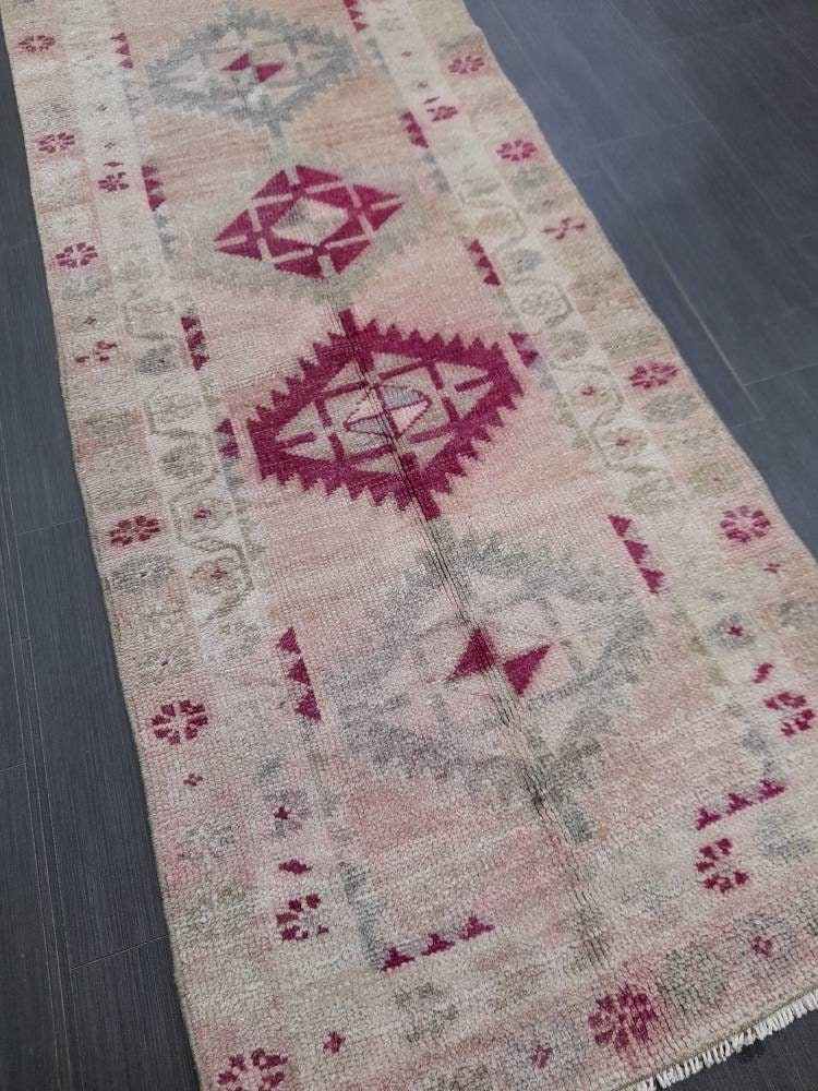 Muted Vintage Runner Rug Vintage Oushak Runner Rug 2.6 x 12.4 Hallway Runner Rug Turkish Kitchen Runner Rug Antique Wool Oriental Runner Rug