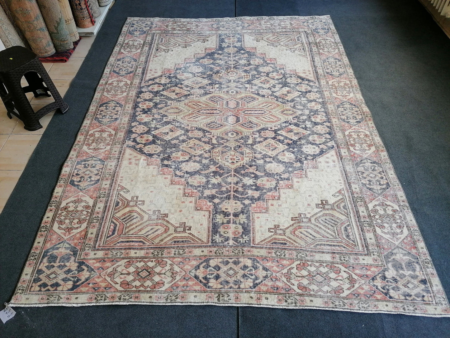 9'7x7  blue oushak rug,vintage runner rug wool hand made rugs vintage blue rug