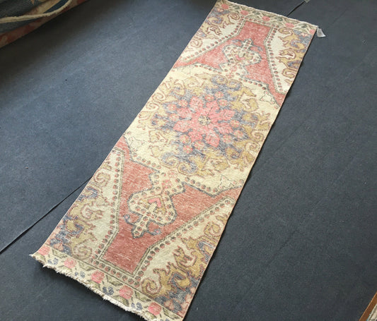 2.4x7 feet destroyed wool handmade turkish corridor runner, vintage muted kitchen floor runner rug, oushak red hallway area runner, long rug