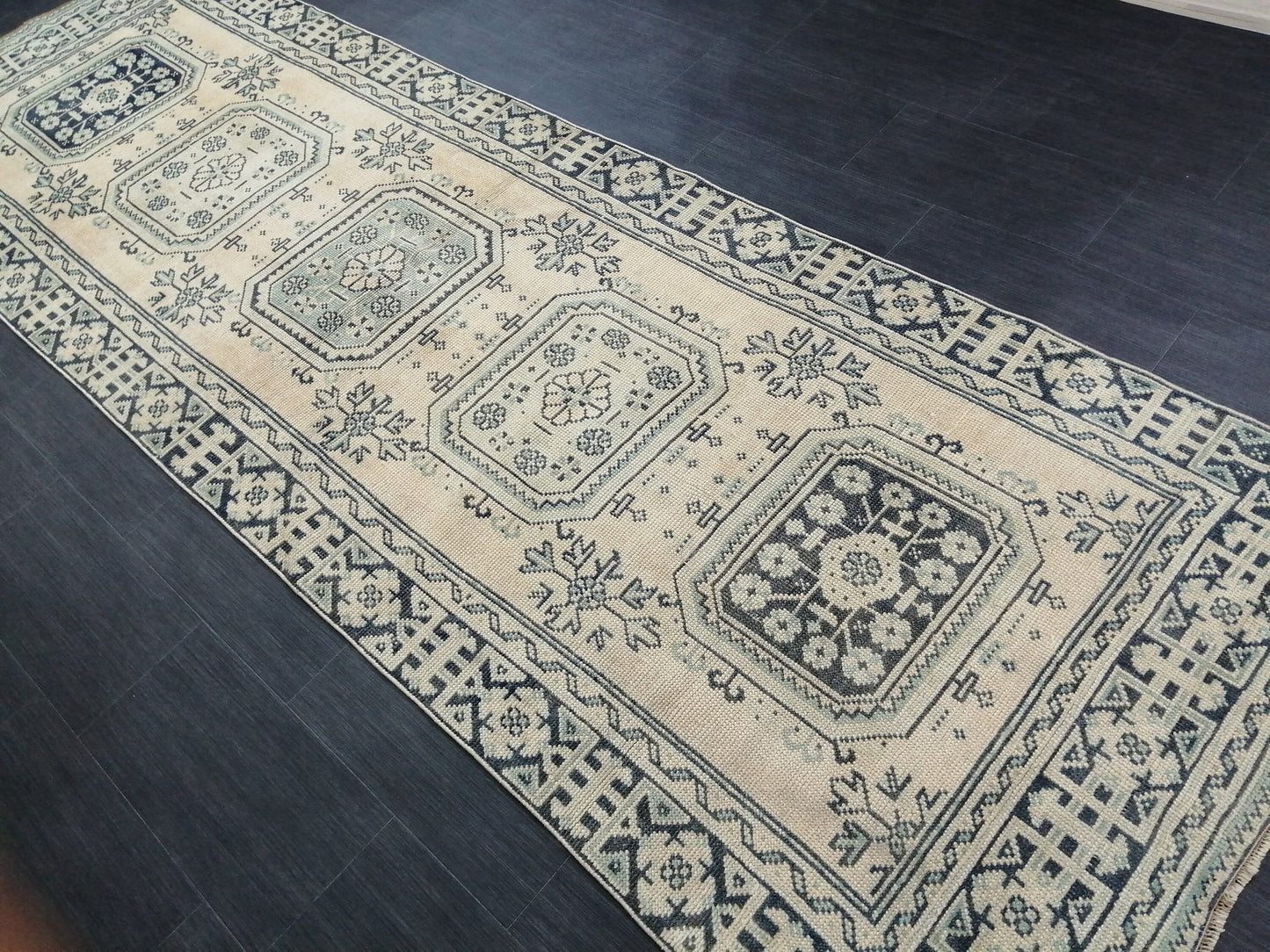 Muted Oushak Runner Rug 11.5 x 3.7 Vintage Turkish Runner Rug Muted Vintage Runner Rug Hallway Runner Rug Kitchen Runner Rug Wool Runner