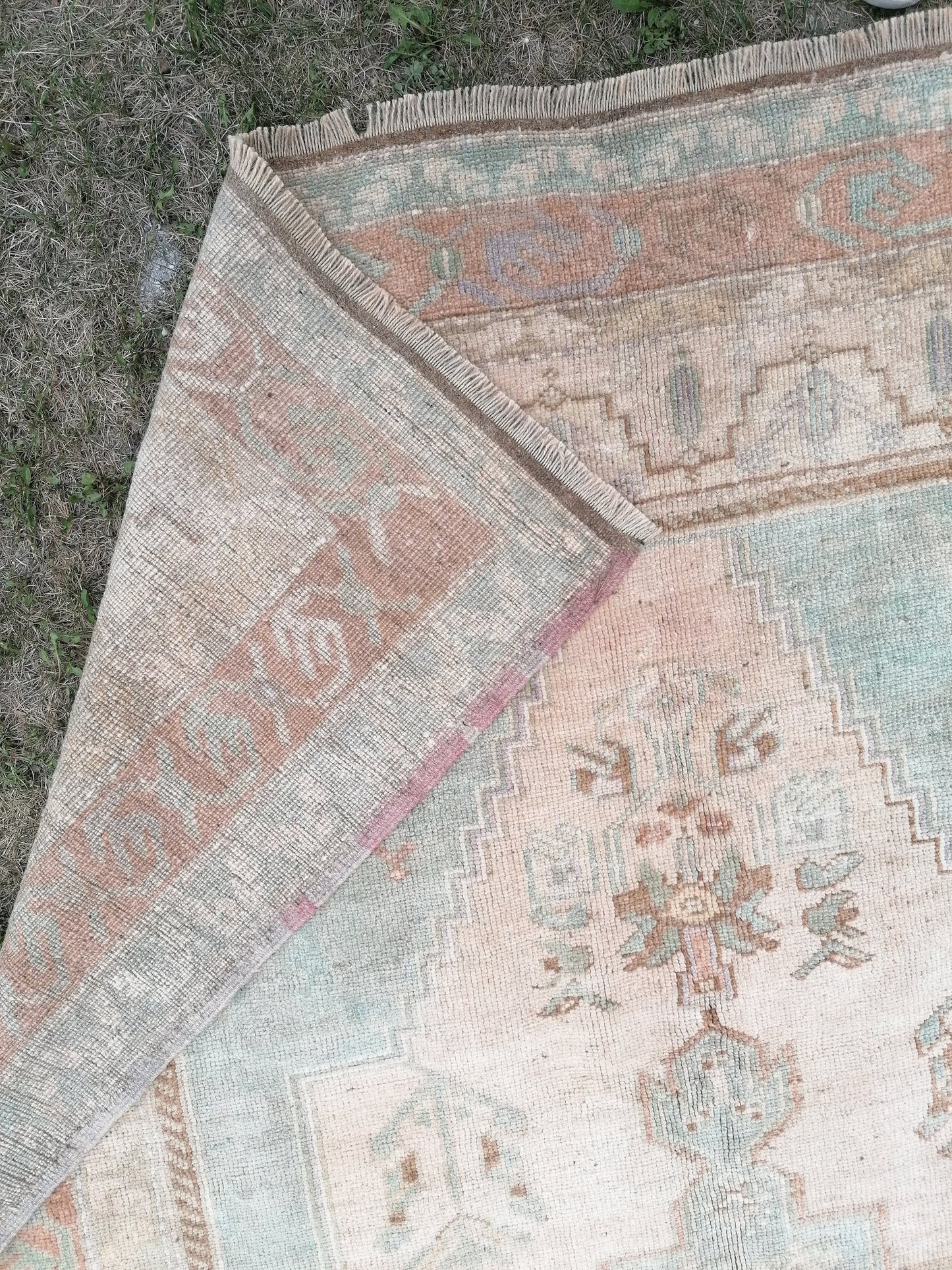 Vintage pastel rug 5'1x9'4 turkish oushak rug, rustic unsual tribal rug retro style rug traditional turkish design