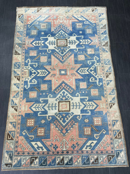 Muted Wool TURKISH Rug 4.6 x 7.4 Blue Vintage Persian Rug Vintage Oriental Rug Vintage Hand Made Rug Wool Vintage Oushak Rug