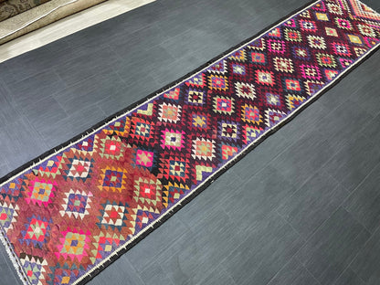 Vintage Runner rug 2.8 x 12.6 Handmade Flat woven Runner Kilim Runner Rug Turkish Runner Vintage Flat weave Rug Wool Carpet Rug
