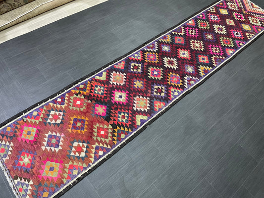 Vintage Runner rug 2.8 x 12.6 Handmade Flat woven Runner Kilim Runner Rug Turkish Runner Vintage Flat weave Rug Wool Carpet Rug
