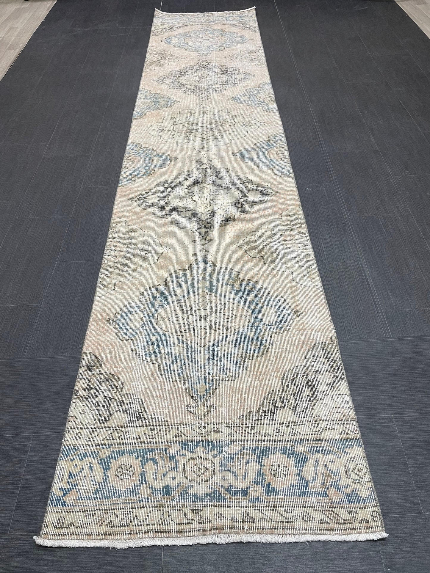 Muted Runner Rug 2.6 x 12.4 ft Turkish Runner Rug Vintage Runner Rug Hallway Runner Rug Faded Kitchen Runner Rug Wool Runner Rug Handmade