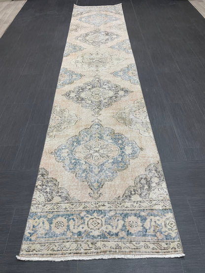 Muted Runner Rug 2.6 x 12.4 ft Turkish Runner Rug Vintage Runner Rug Hallway Runner Rug Faded Kitchen Runner Rug Wool Runner Rug Handmade