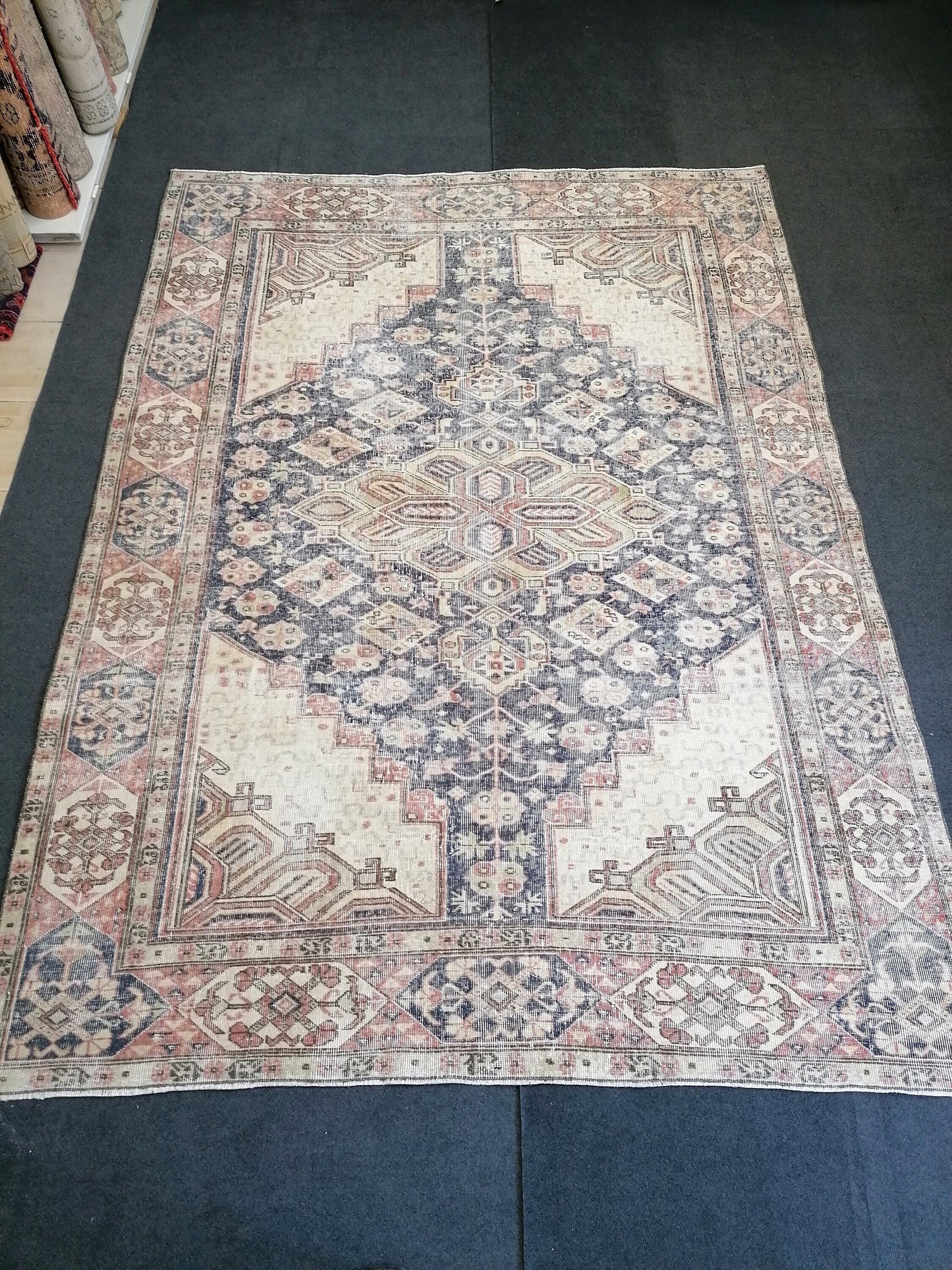 9'7x7  blue oushak rug,vintage runner rug wool hand made rugs vintage blue rug