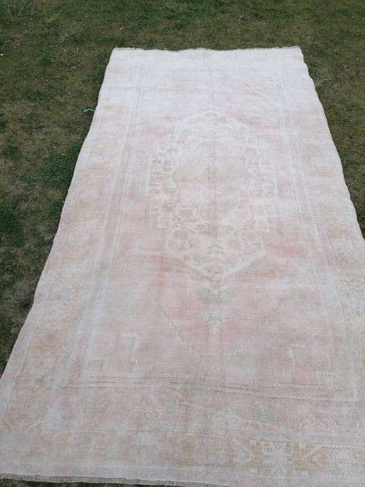 Muted soft colors rug, faded vintage wool rug 5'4x10'3 turkish rug, oushak vintage rug, unique hand made bohemian