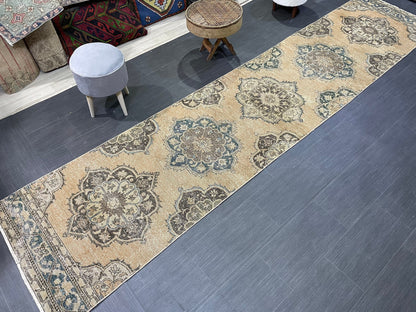 Muted  Handmade Runner Rug, Turkish Runner 2.10 x 13 Rug, Vintage Runner Rug Hallway Runner Rug, Hand Knotted Runner Rug, Persian Runner