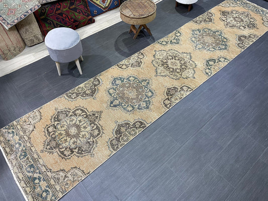 Muted  Handmade Runner Rug, Turkish Runner 2.10 x 13 Rug, Vintage Runner Rug Hallway Runner Rug, Hand Knotted Runner Rug, Persian Runner