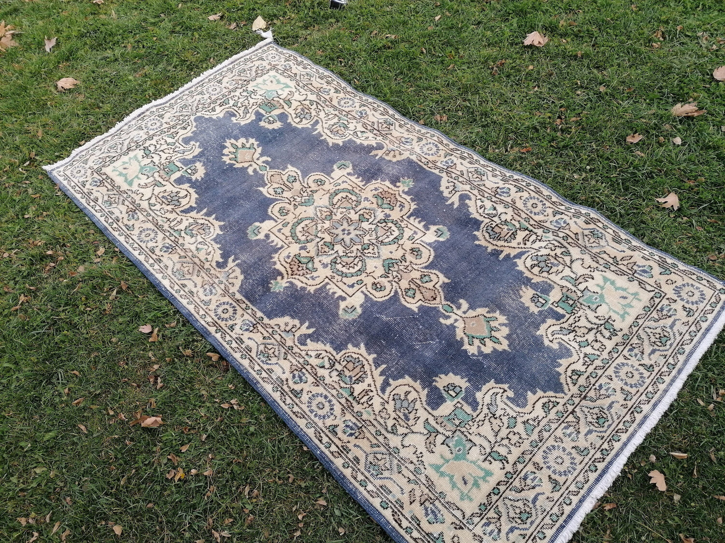 Turkish oushak rug, blue vintage rug 7'2x3'10