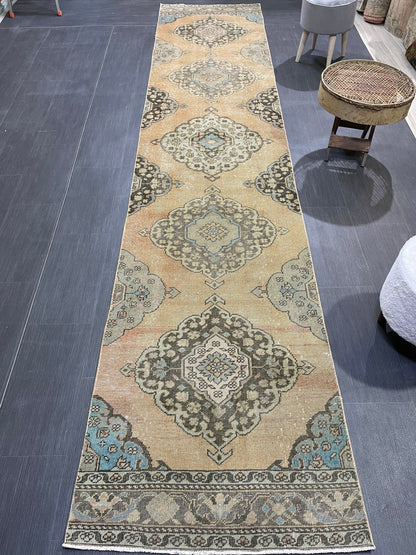 Muted RUNNER Rug, Handmade 2.10 x 13 RUNNER Rug,  Oushak Runner Rug, Vintage Turkish Rug, Oriental Runner Rug, Turkish Runner Persian Runner