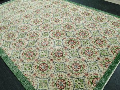 6.4 X 9.5 Rug, Hand Made Rug, Oushak Rug, Rustic Rug, Bohemian Rug, Green Floral Rug , Turkish Rug, Farmhouse Rug, Vintage Rug, Wool rug