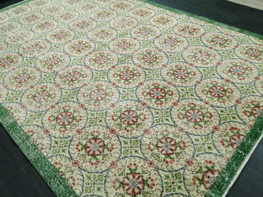 6.4 X 9.5 Rug, Hand Made Rug, Oushak Rug, Rustic Rug, Bohemian Rug, Green Floral Rug , Turkish Rug, Farmhouse Rug, Vintage Rug, Wool rug