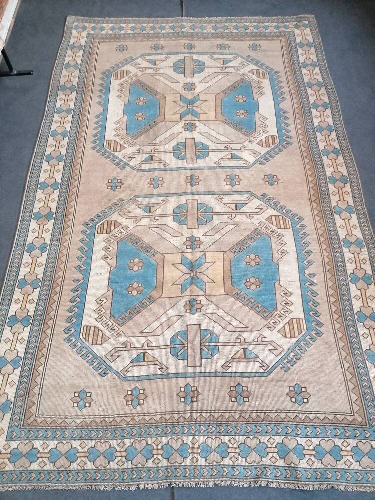 7x10'8 large area oushak rug, living room hand made rugs vintage blue turkish wool rug
