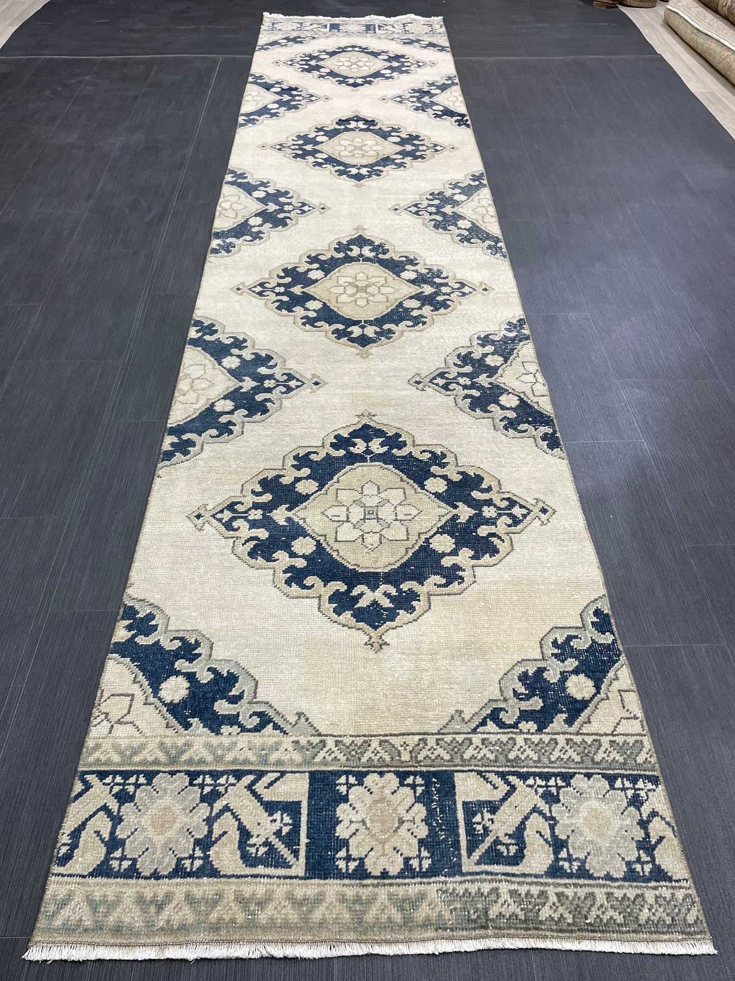 WOOL Hand Knotted Runner Rug Turkish Runner Rug 2.8 x 12.7 Muted Vintage Hallway Runner Rug Kitchen Runner Rug Persian Runner Rug Navy