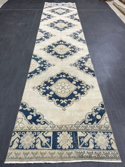 WOOL Hand Knotted Runner Rug Turkish Runner Rug 2.8 x 12.7 Muted Vintage Hallway Runner Rug Kitchen Runner Rug Persian Runner Rug Navy