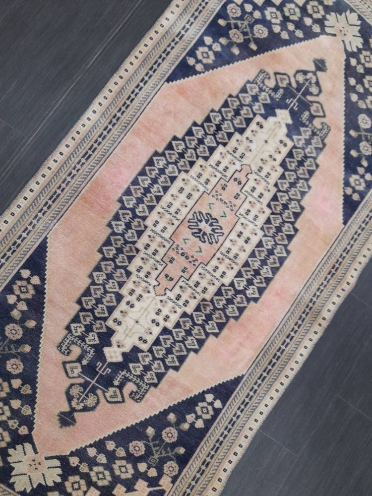 Blue and Pink TURKISH Runner Rug Vintage Runner Rug 3 x 9 Oriental Runner Rug Wool Oushak Rug Hand Knotted Rugs Vintage Turkish Runner Rug