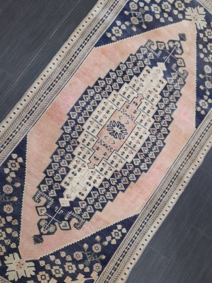 Blue and Pink TURKISH Runner Rug Vintage Runner Rug 3 x 9 Oriental Runner Rug Wool Oushak Rug Hand Knotted Rugs Vintage Turkish Runner Rug