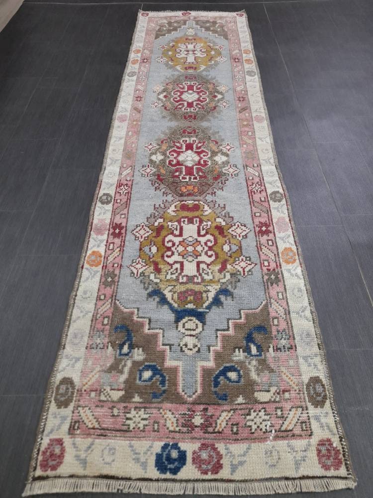 Vintage Oushak Runner Rug 2.6 x 10 Turkish Runner Rug Vintage Oriental Muted Runner Rug Runner Rug Soft Wool Runner Blue Vintage Runner Rug