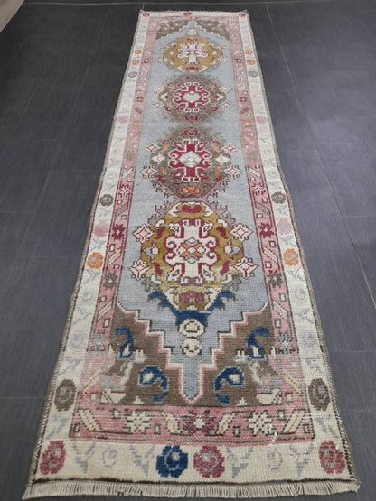 Vintage Oushak Runner Rug 2.6 x 10 Turkish Runner Rug Vintage Oriental Muted Runner Rug Runner Rug Soft Wool Runner Blue Vintage Runner Rug