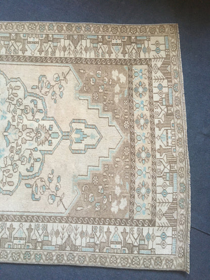 3.4x6.5 ft natural wool rug, faded vintage turkish rug, oushak brown kitchen rug, anatolian bohemian living room rug, blue handmade area rug