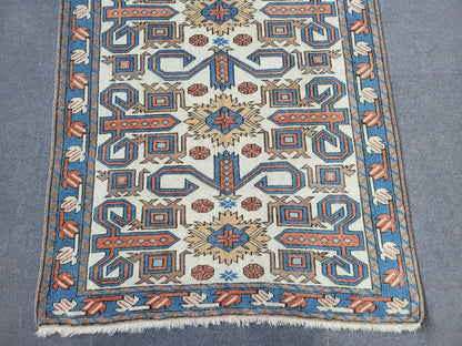 TURKISH Oushak Rug 3.5 x 6.5 Vintage Blue Oriental Rug Vintage Runner Rug Wool Kazak Rug Handmade Rug Hand Knotted Rug
