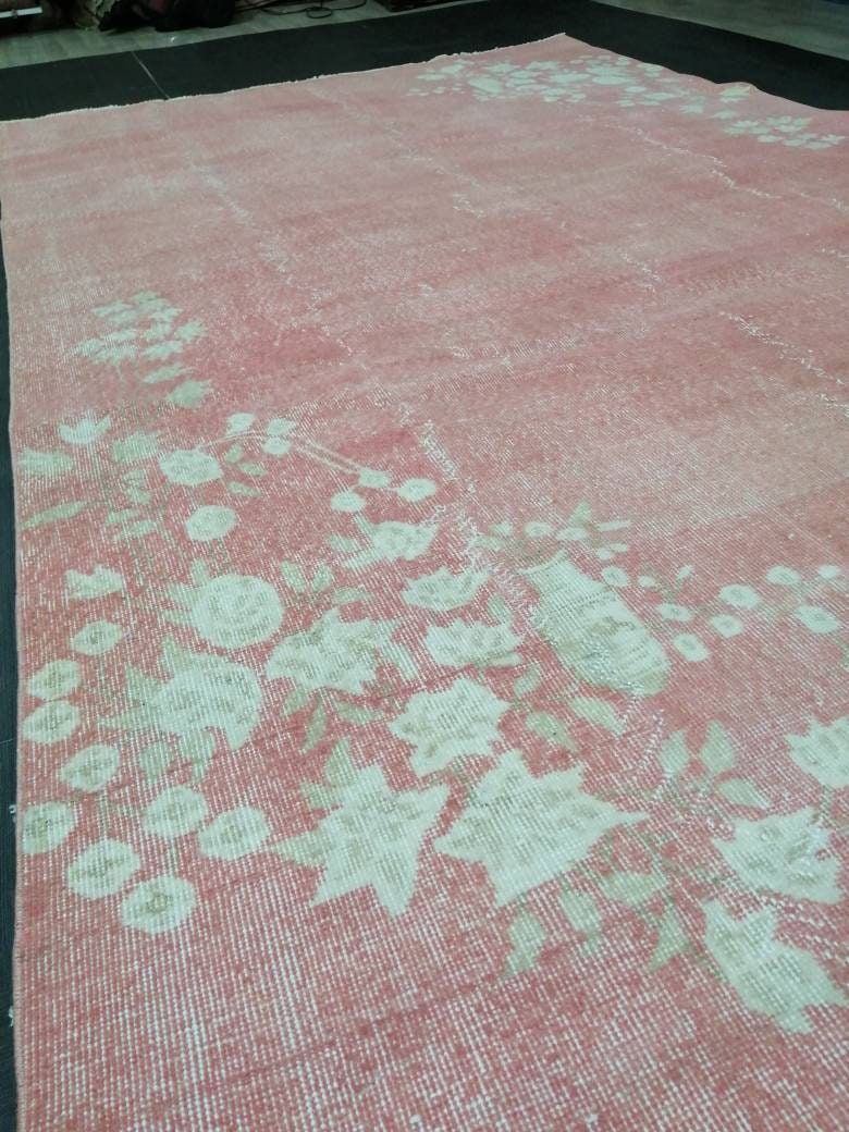 Pink Vintage Rug 6.6 x 10.6 TURKISH HAND MADE Rugs   Vintage Turkish Rugs  Pink Orient Rug Persian Rug, Vintage Oushak Rug, Wool Rug