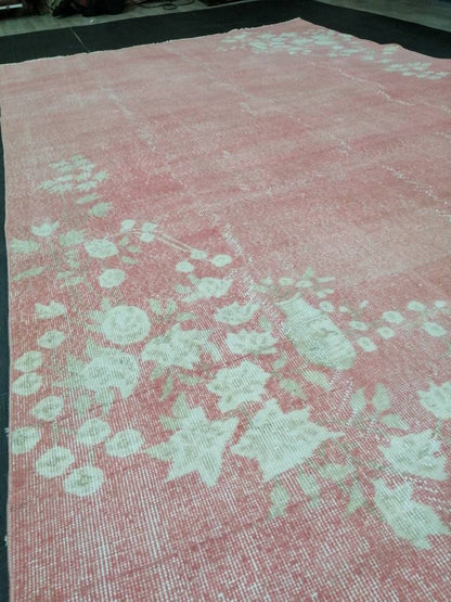 Pink Vintage Rug 6.6 x 10.6 TURKISH HAND MADE Rugs   Vintage Turkish Rugs  Pink Orient Rug Persian Rug, Vintage Oushak Rug, Wool Rug