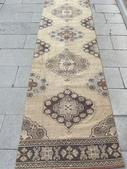 Muted Long Vintage Runner TURKISH 2.7 x 21.3 Runner Rug Handmade Runner Rug XL Oriental Runner Rug Staircase Hand Knotted Runner rug