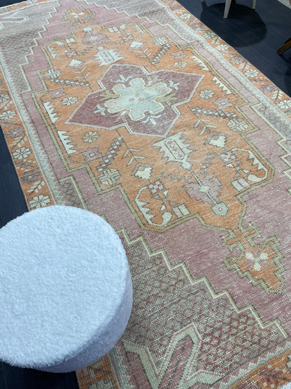 Handmade Rug, Persian 4.5 x 8.5  Rug, Navy Hand Knotted Rug, Vintage Rug, Yellow and Orange Turkish Rug, Oushak Rug, Oriental Rug, Wool Rug