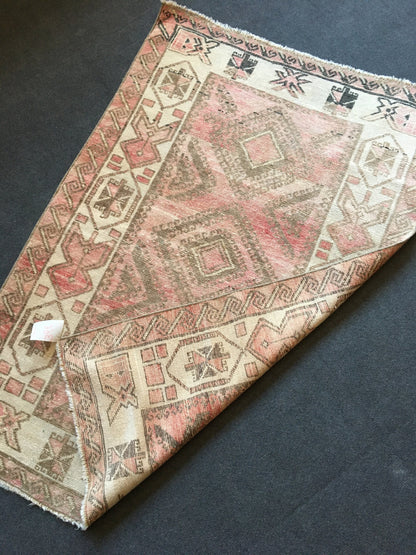 3x4 feet nautral faded turkish mini area rugs, handmade oushak bedroom rug, vintage red kitchen floor rug, small wide bathroom rug, wool rug