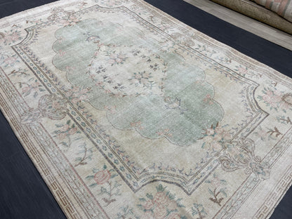 Handmade Rug 6x9 Oushak Rug Distressed Rustic Rug, Light Green Rug Hand Knotted Rug Turkish Rug, Farmhouse Rug, Vintage Rug, Wool rug