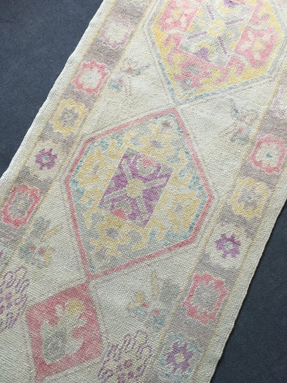 3x8 feet handmade new turkish runner rug, vintage destroyed beige wool kitchen floor runner, long oushak purple living room area runner rug