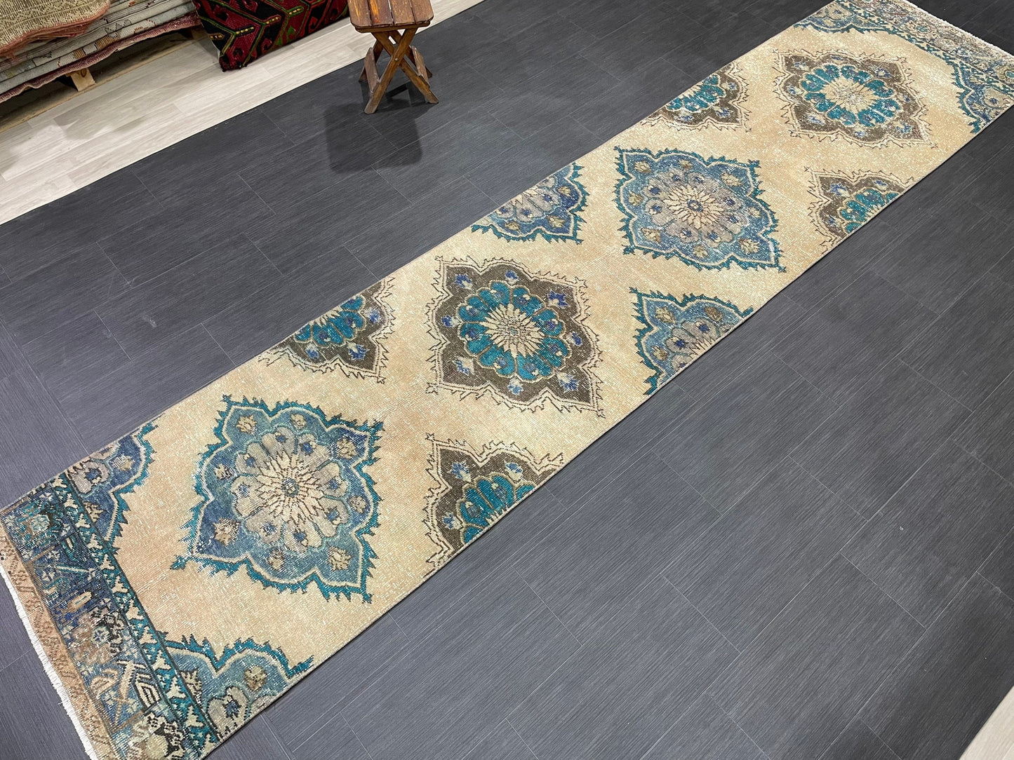 Distressed Handmade Runner Rug 2.8 x 12.4 Turkish Runner Rug Vintage Runner Rug Hallway Runner Rug Kitchen Runner Rug Wool Runner Rug