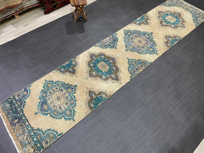 Distressed Handmade Runner Rug 2.8 x 12.4 Turkish Runner Rug Vintage Runner Rug Hallway Runner Rug Kitchen Runner Rug Wool Runner Rug