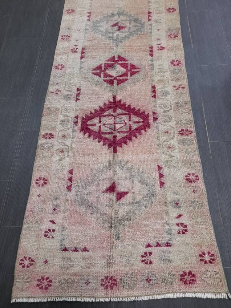 Muted Vintage Runner Rug Vintage Oushak Runner Rug 2.6 x 12.4 Hallway Runner Rug Turkish Kitchen Runner Rug Antique Wool Oriental Runner Rug