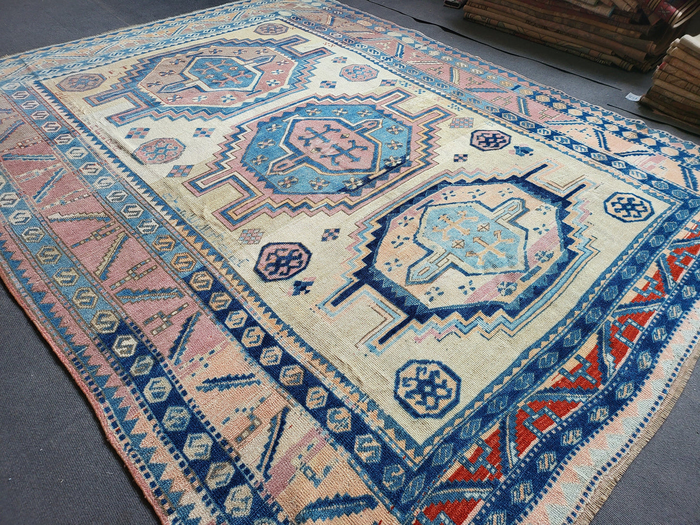 Antique RUG, Turkish Oushak 8.7 x 9.4 Rug, One Of A Kind Rug, Vintage Persian Rug, Blue Vintage Rug, Fine Wool Unique Rug, Rear Turkish Rug,