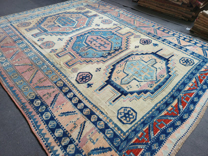 Antique RUG, Turkish Oushak 8.7 x 9.4 Rug, One Of A Kind Rug, Vintage Persian Rug, Blue Vintage Rug, Fine Wool Unique Rug, Rear Turkish Rug,