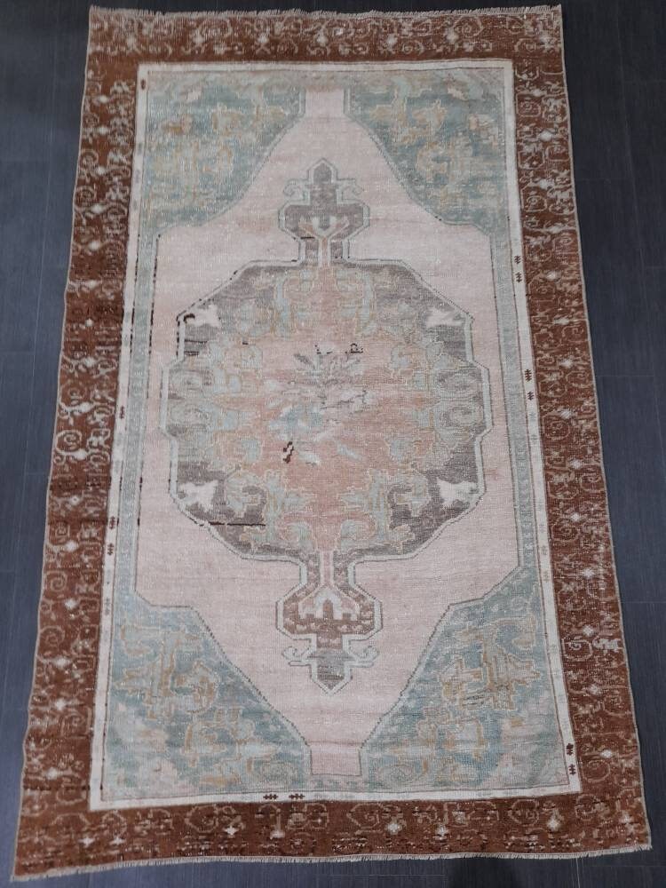 Wool Oushak Rug Vintage 4 x 6.4 Rug Muted Vintage Runner Rug Wool Oriental Rug Hand Made Rugs Vintage Turkish Rug Muted Persian Wool Rug